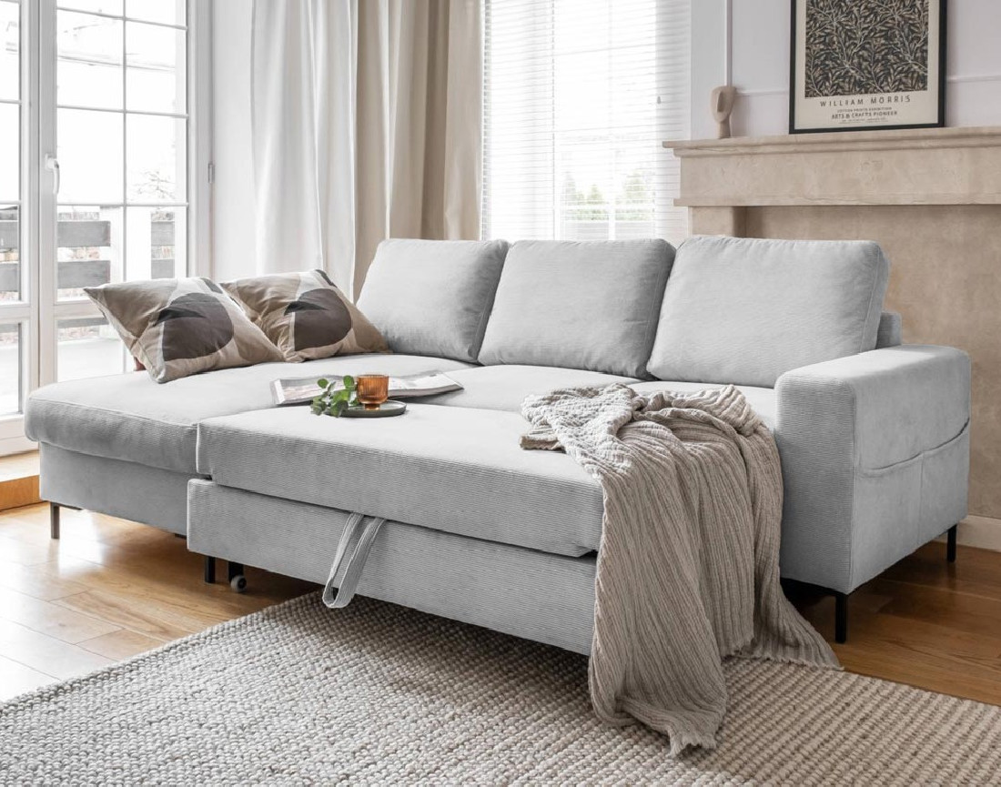 Canapé d'angle gauche 4 places convertible avec coffre en velours côtelé Lilly