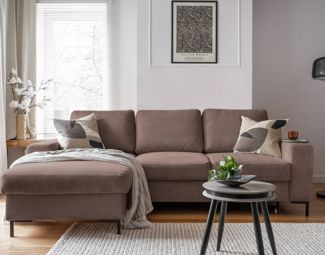 Canapé d'angle gauche 4 places convertible avec coffre en velours côtelé Lilly