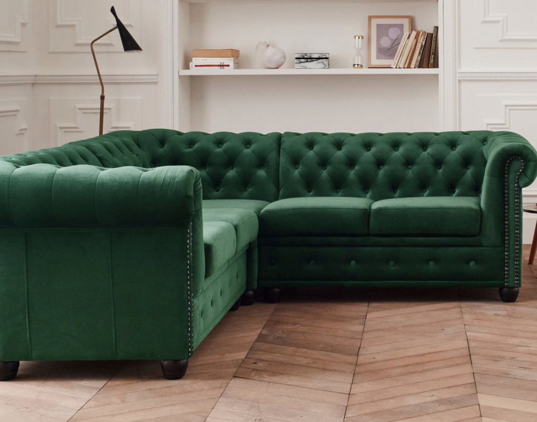 Canapé Chesterfield d'angle réversible 5 places en velours William