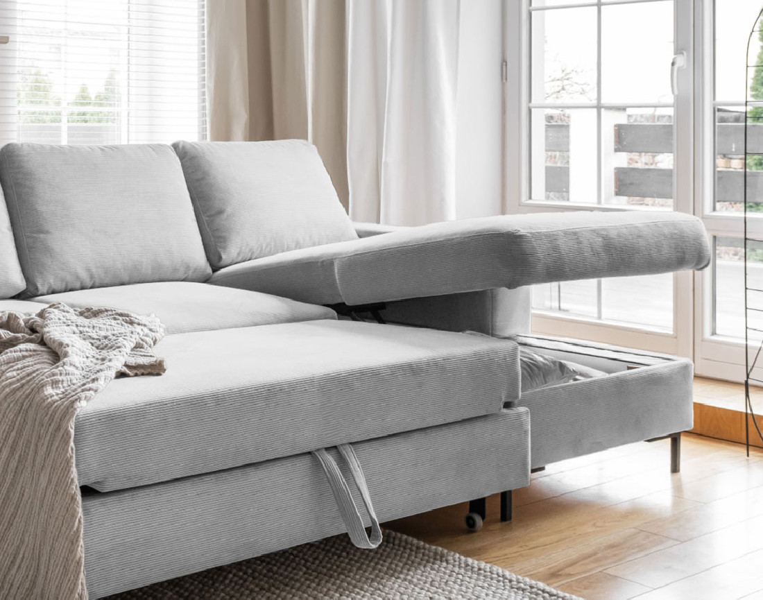 Canapé d'angle droit 4 places convertible avec coffre en velours côtelé Lilly