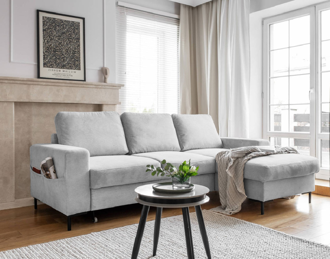 Canapé d'angle droit 4 places convertible avec coffre en velours côtelé Lilly