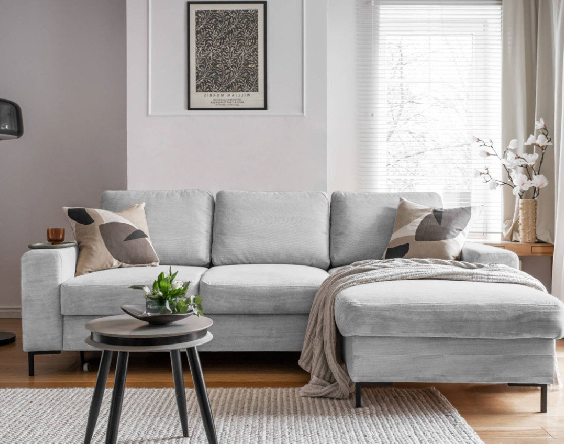 Canapé d'angle droit 4 places convertible avec coffre en velours côtelé Lilly