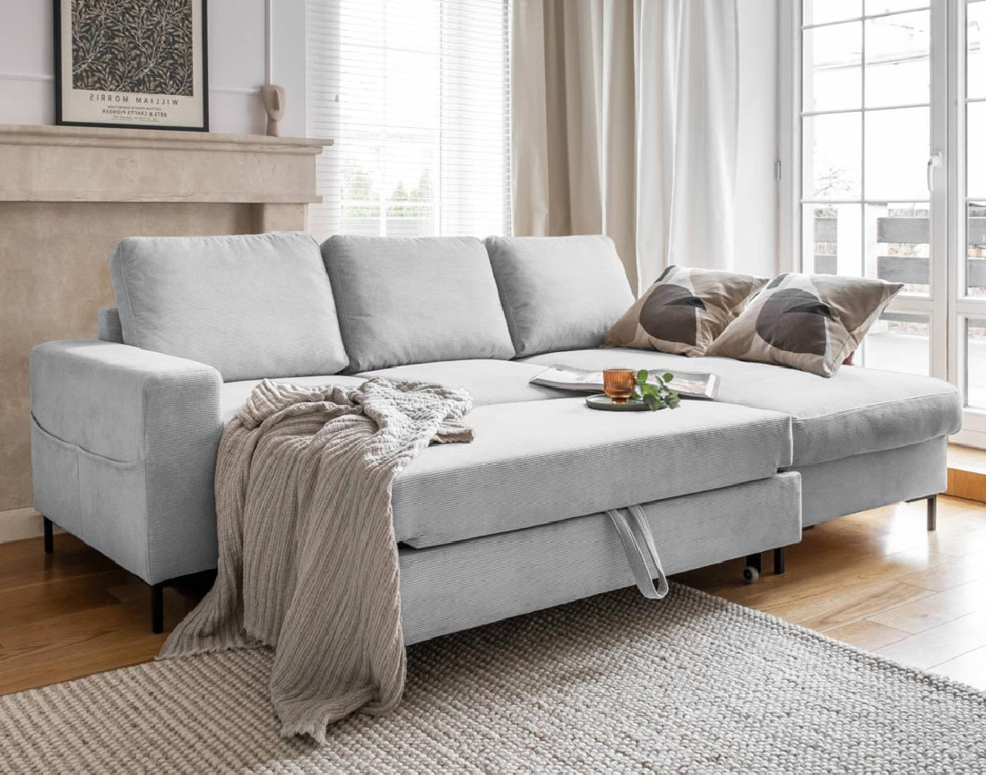 Canapé d'angle droit 4 places convertible avec coffre en velours côtelé Lilly