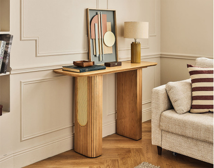 Console bois plaqué chêne et cannage 120 cm Milazzo