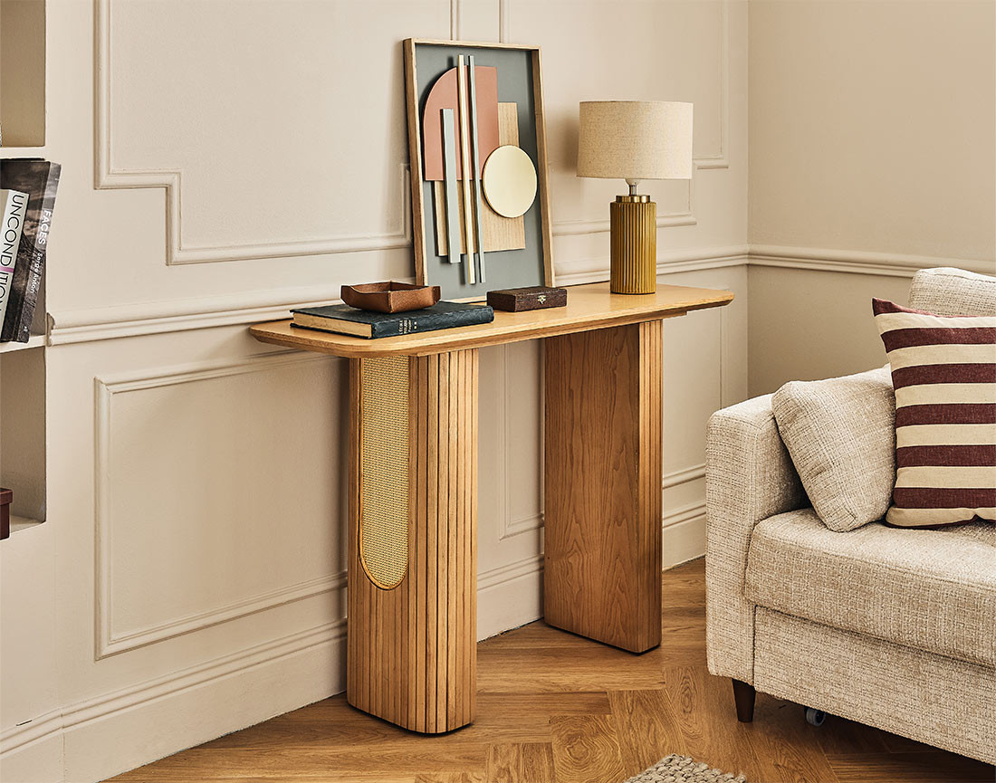 Console bois plaqué chêne et cannage 120 cm Milazzo