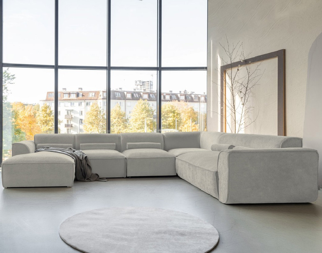 Canapé modulable panoramique d'angle droit 7 places en tissu texturé Felix