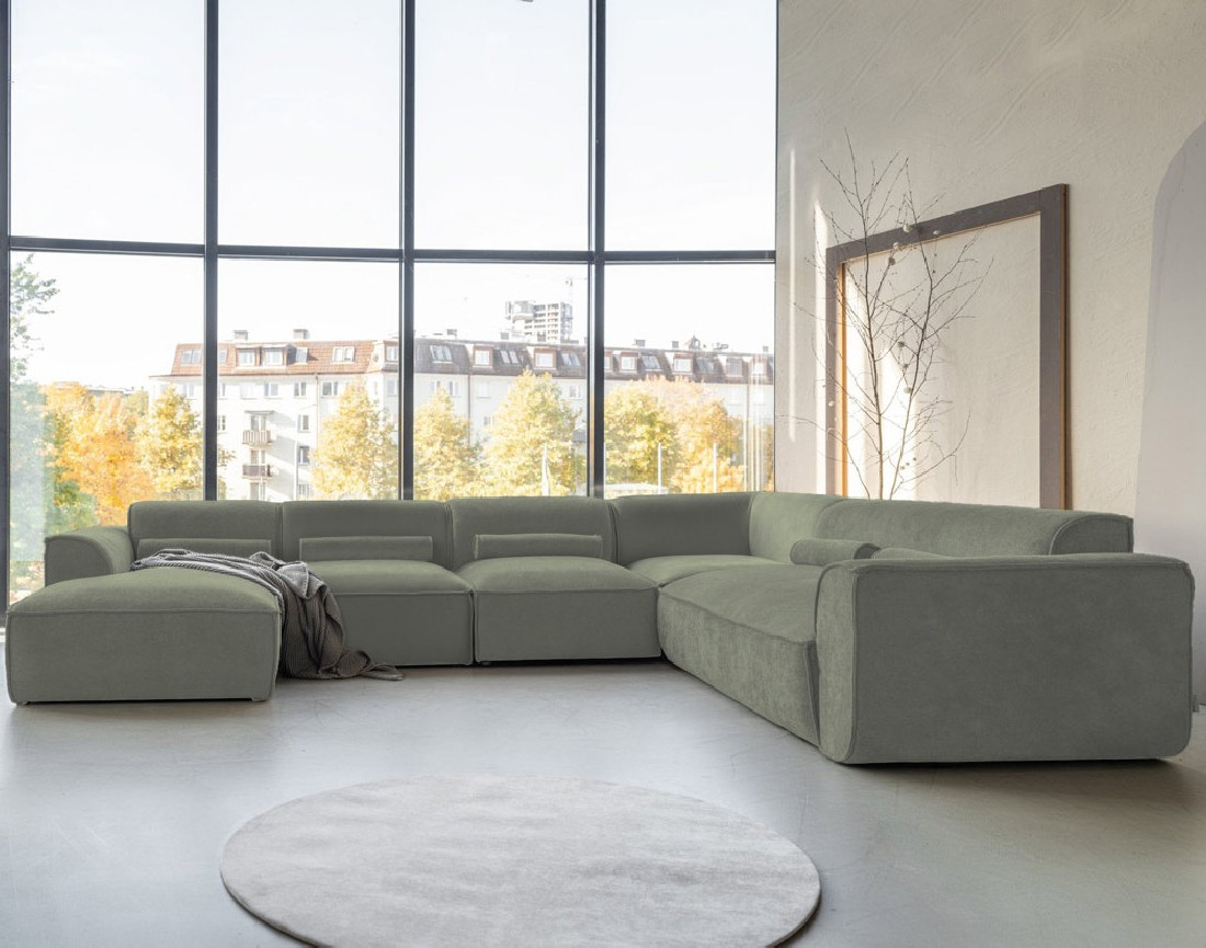 Canapé modulable panoramique d'angle droit 7 places en tissu texturé Felix