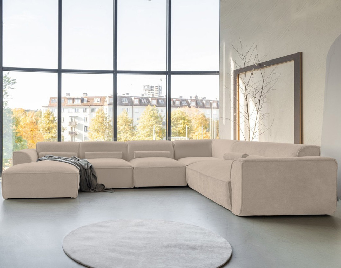 Canapé modulable panoramique d'angle droit 7 places en tissu texturé Felix