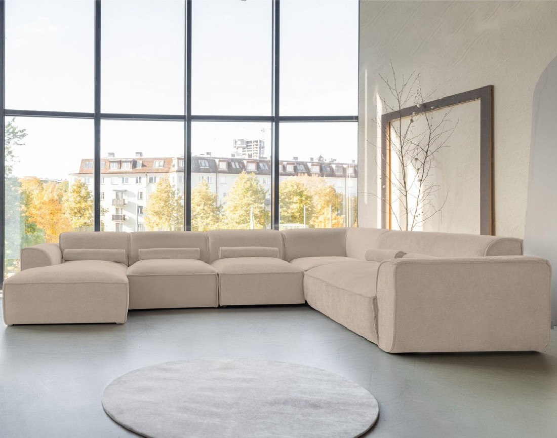 Canapé modulable panoramique d'angle droit 7 places en tissu texturé Felix
