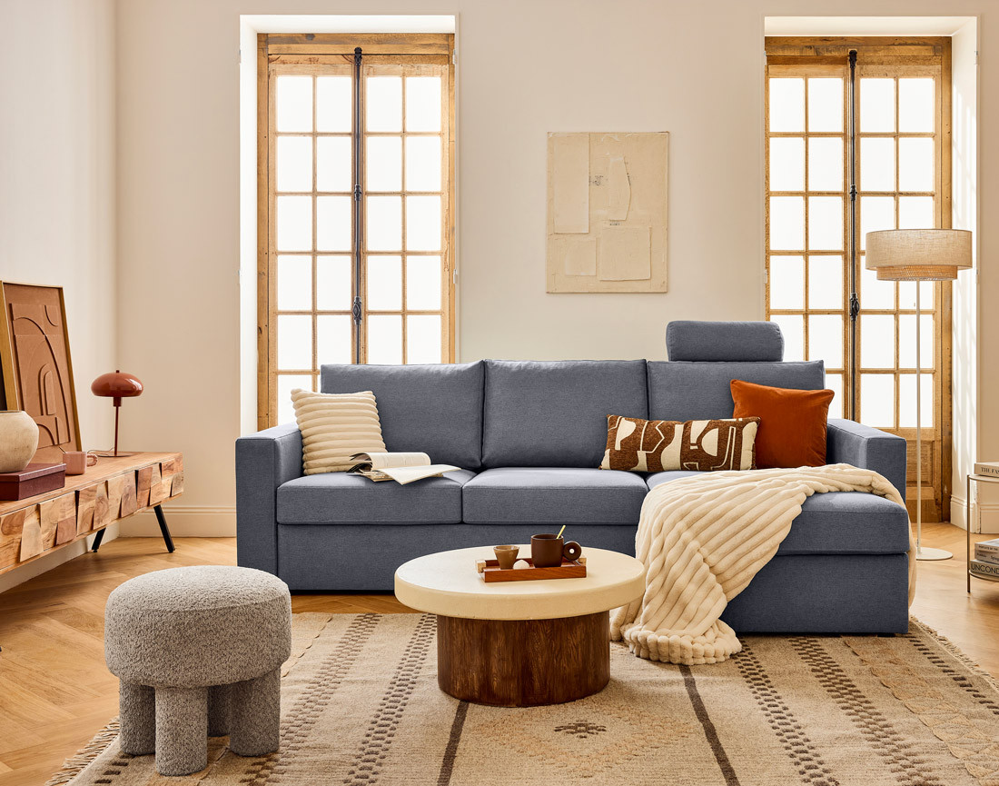 Canapé d'angle réversible 4 places avec têtières amovible en tissu Barrie