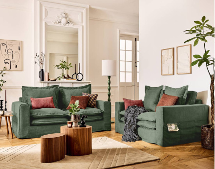 Canapé droit déhoussable 3 places avec poches en tissu Rico