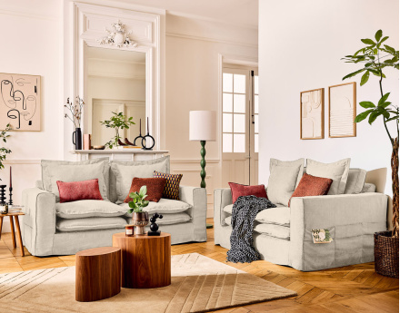 Canapé droit déhoussable 2 places avec poches en tissu Rico