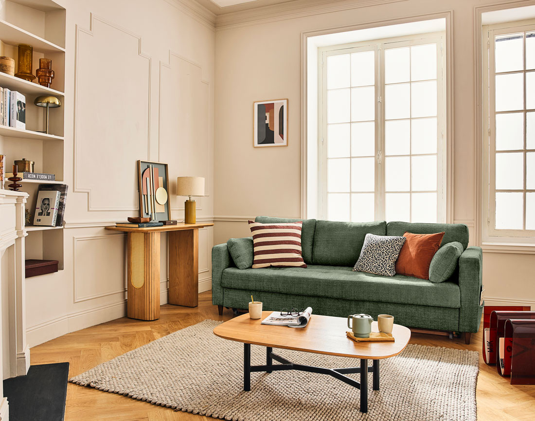 Canapé droit 3 places convertible avec poche en velours texturé Anna