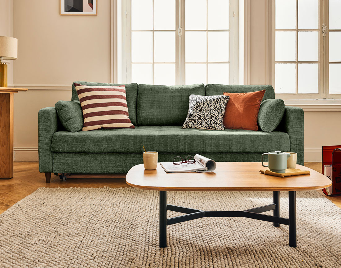 Canapé droit 3 places convertible avec poche en velours texturé Anna