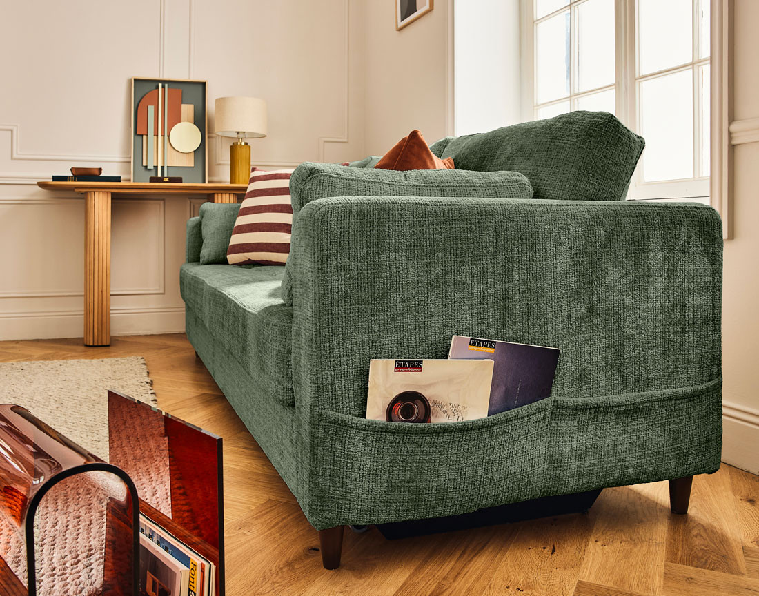 Canapé droit 3 places convertible avec poche en velours texturé Anna