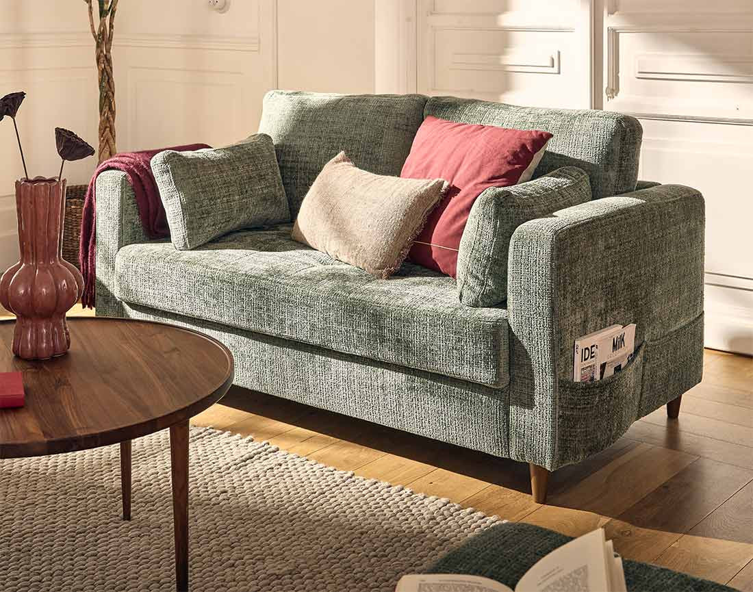 Canapé droit 2 places avec poche en velours texturé Anna