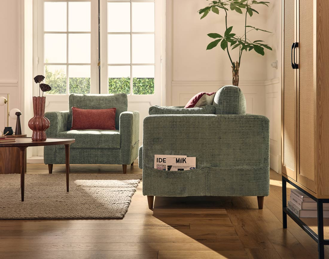 Canapé droit 2 places avec poche en velours texturé Anna