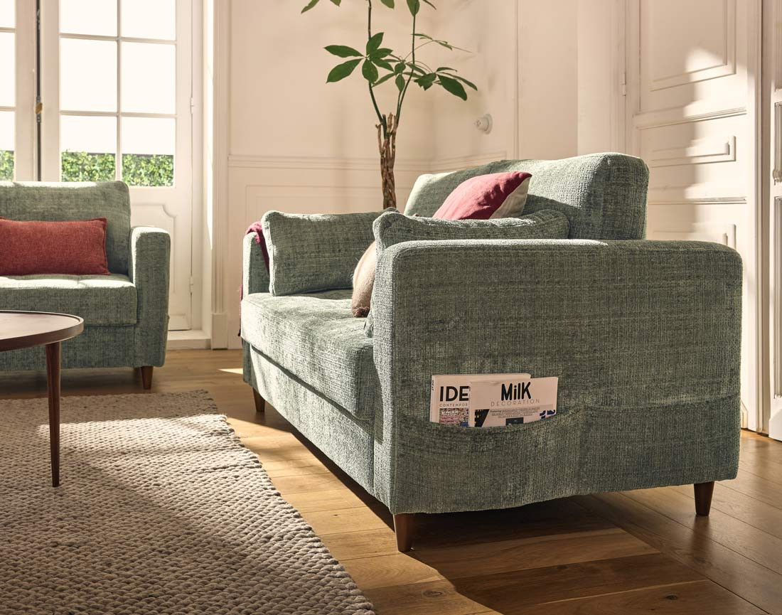 Canapé droit 2 places avec poche en velours texturé Anna