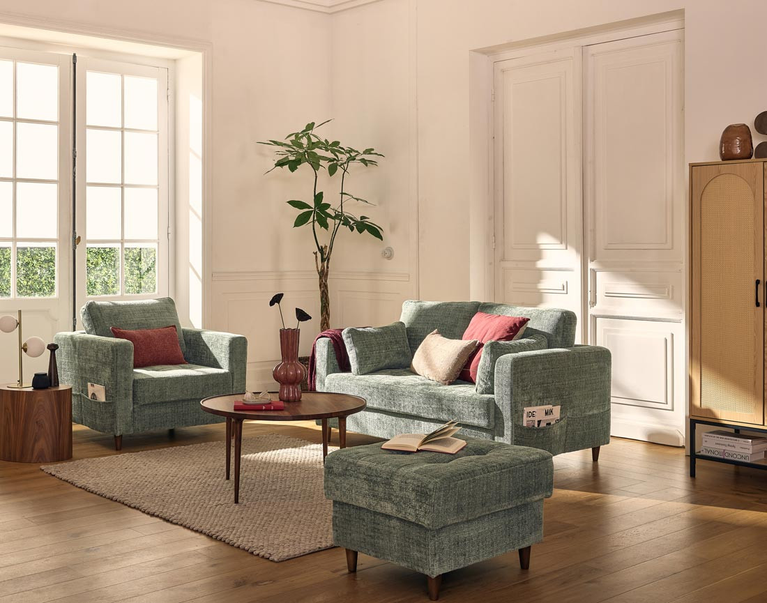 Canapé droit 2 places avec poche en velours texturé Anna