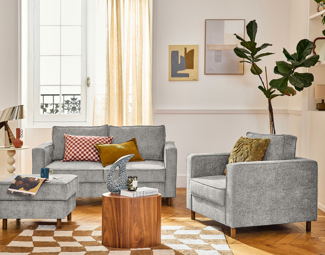 Canapé droit 2 places en tissu velours relief pieds en bois foncé Jake