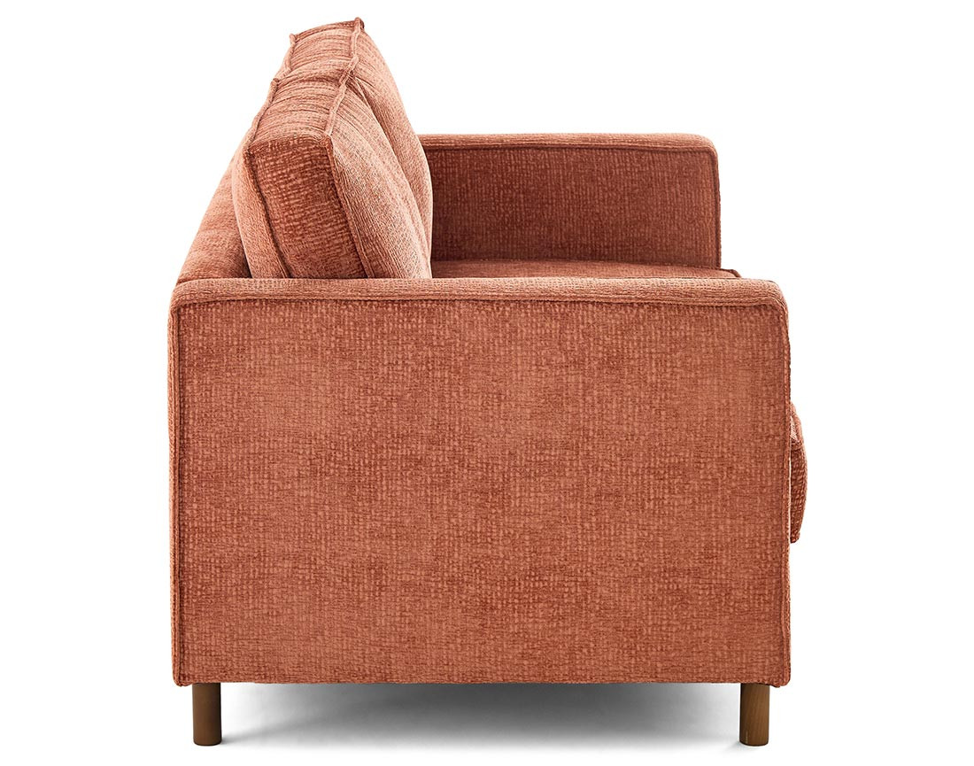 Canapé droit 2 places en tissu velours relief pieds en bois foncé Jake