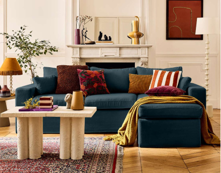 Canapé d'angle déhoussable et modulable 3 places et 1 pouf en tissu Calgary