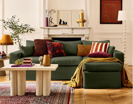 Canapé d'angle déhoussable et modulable 3 places et 1 pouf en tissu Calgary