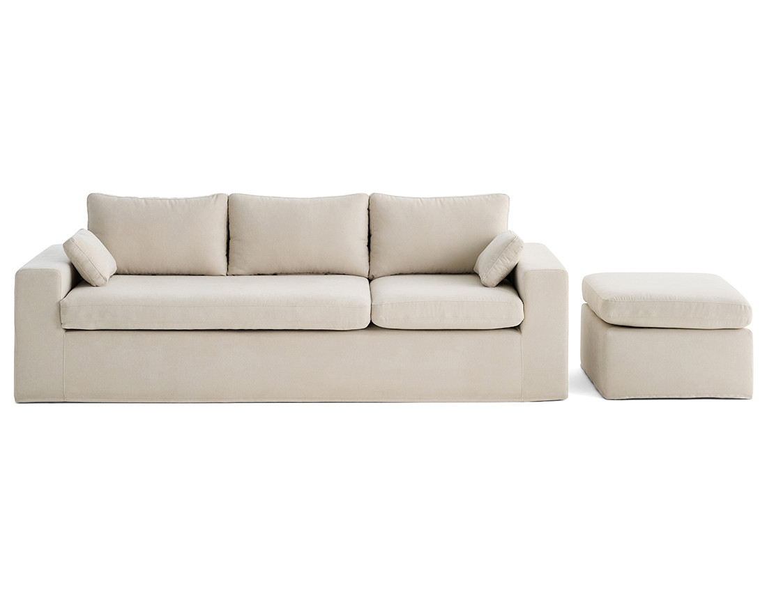 Canapé d'angle déhoussable et modulable 3 places et 1 pouf en tissu Calgary