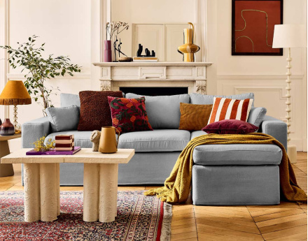Canapé d'angle déhoussable et modulable 3 places et 1 pouf en tissu Calgary