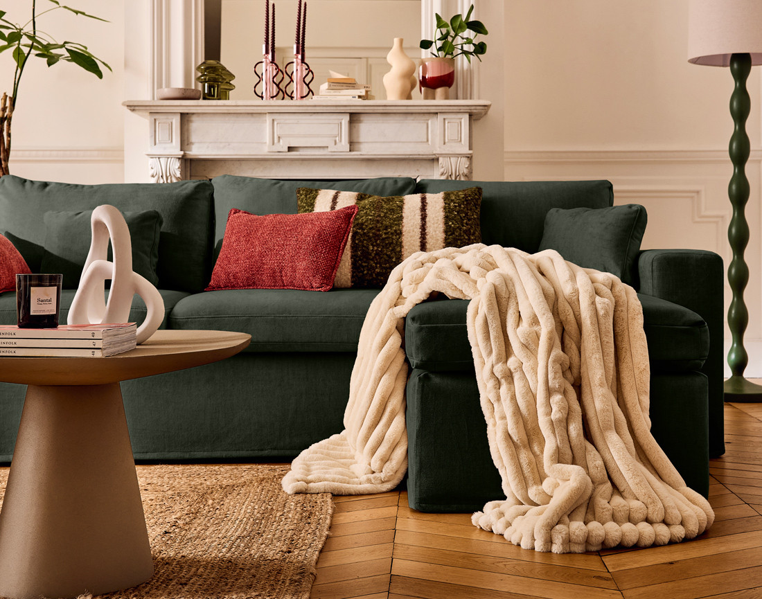 Canapé d'angle déhoussable et modulable 3 places et 1 pouf en velours Calgary