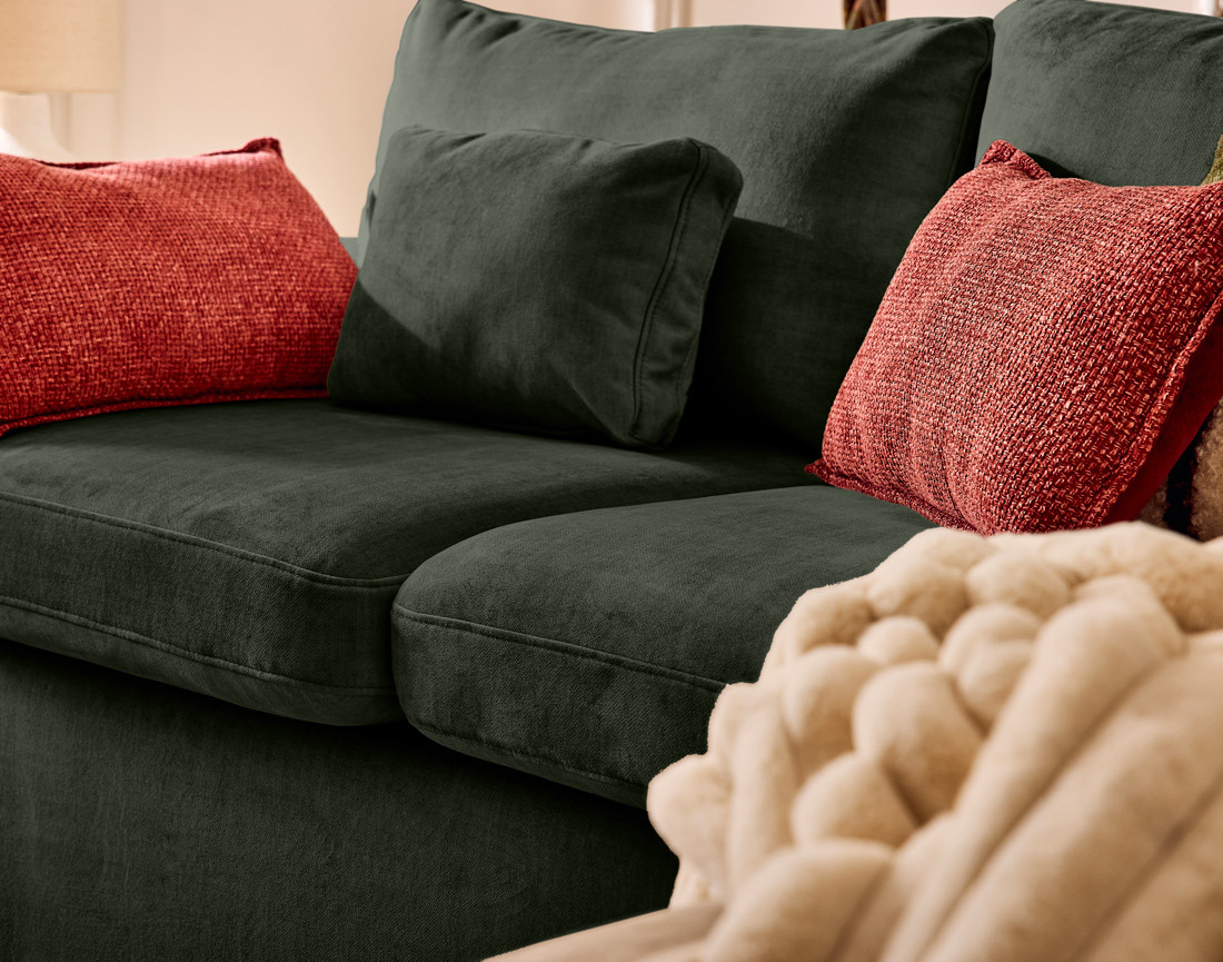 Canapé d'angle déhoussable et modulable 3 places et 1 pouf en velours Calgary
