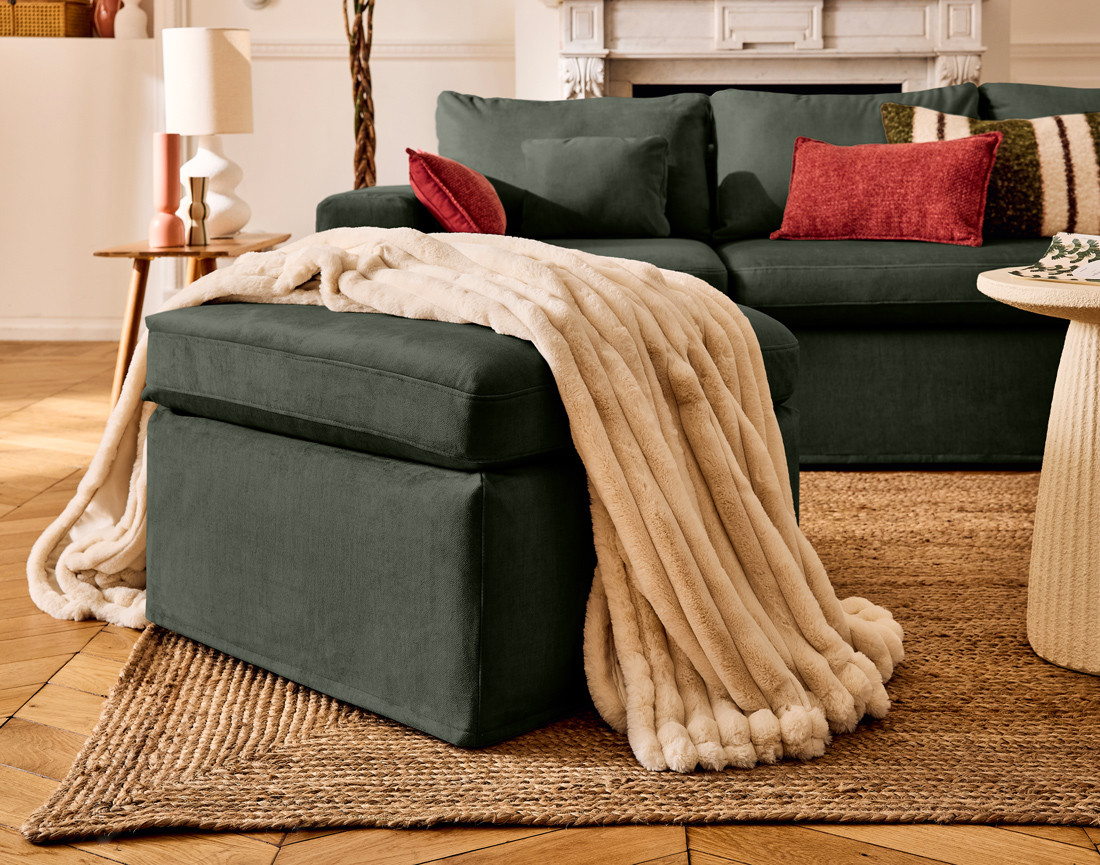 Canapé d'angle déhoussable et modulable 3 places et 1 pouf en velours Calgary
