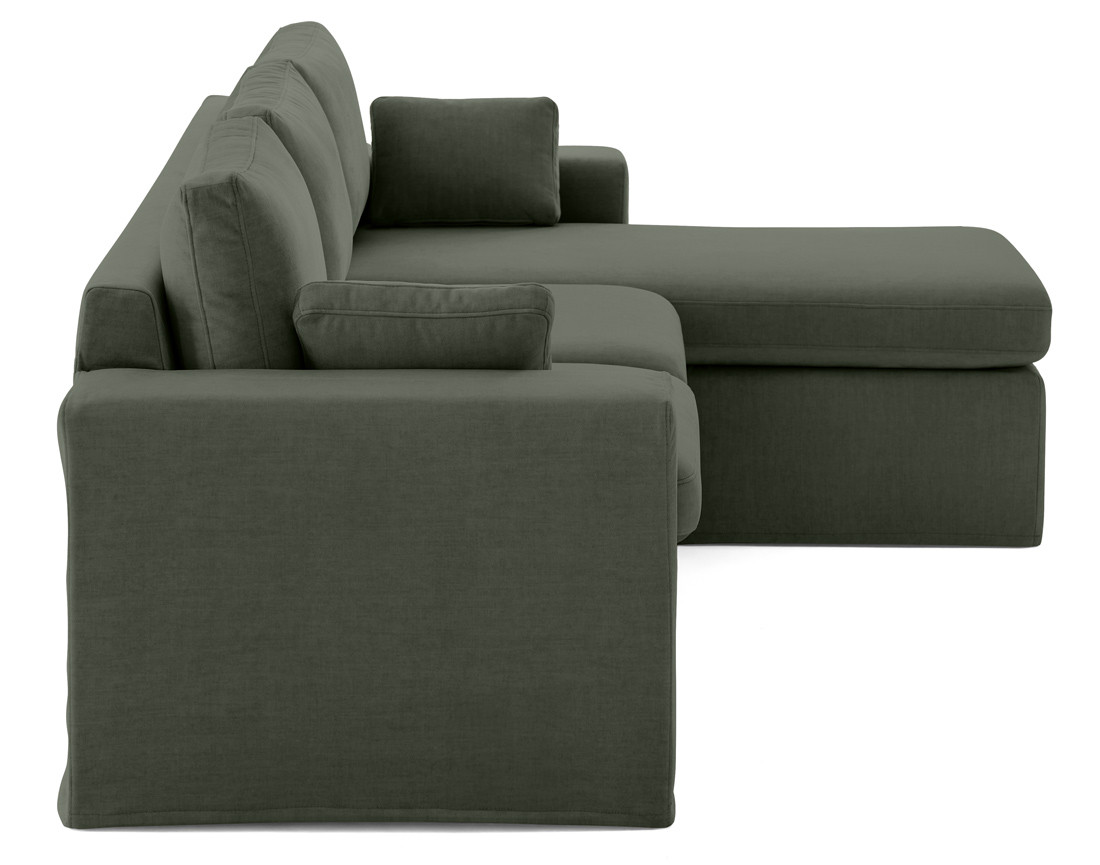 Canapé d'angle déhoussable et modulable 3 places et 1 pouf en velours Calgary