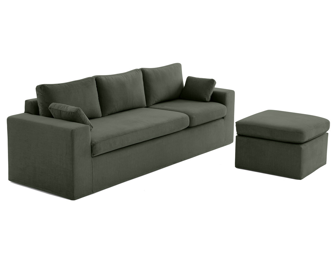 Canapé d'angle déhoussable et modulable 3 places et 1 pouf en velours Calgary