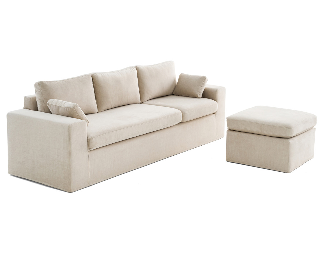Canapé d'angle déhoussable et modulable 3 places et 1 pouf en velours Calgary