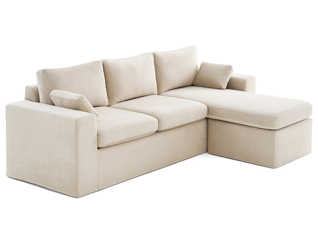 Canapé d'angle déhoussable et modulable 3 places et 1 pouf en velours Calgary