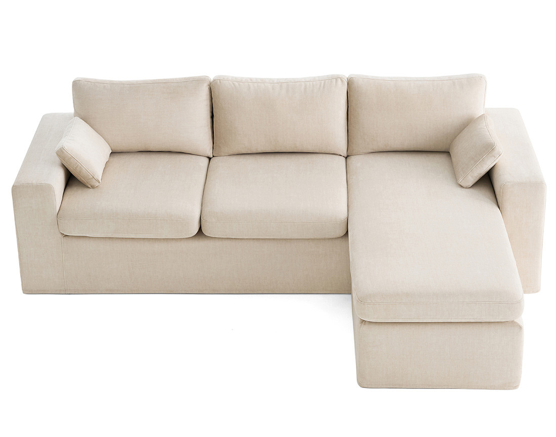 Canapé d'angle déhoussable et modulable 3 places et 1 pouf en velours Calgary