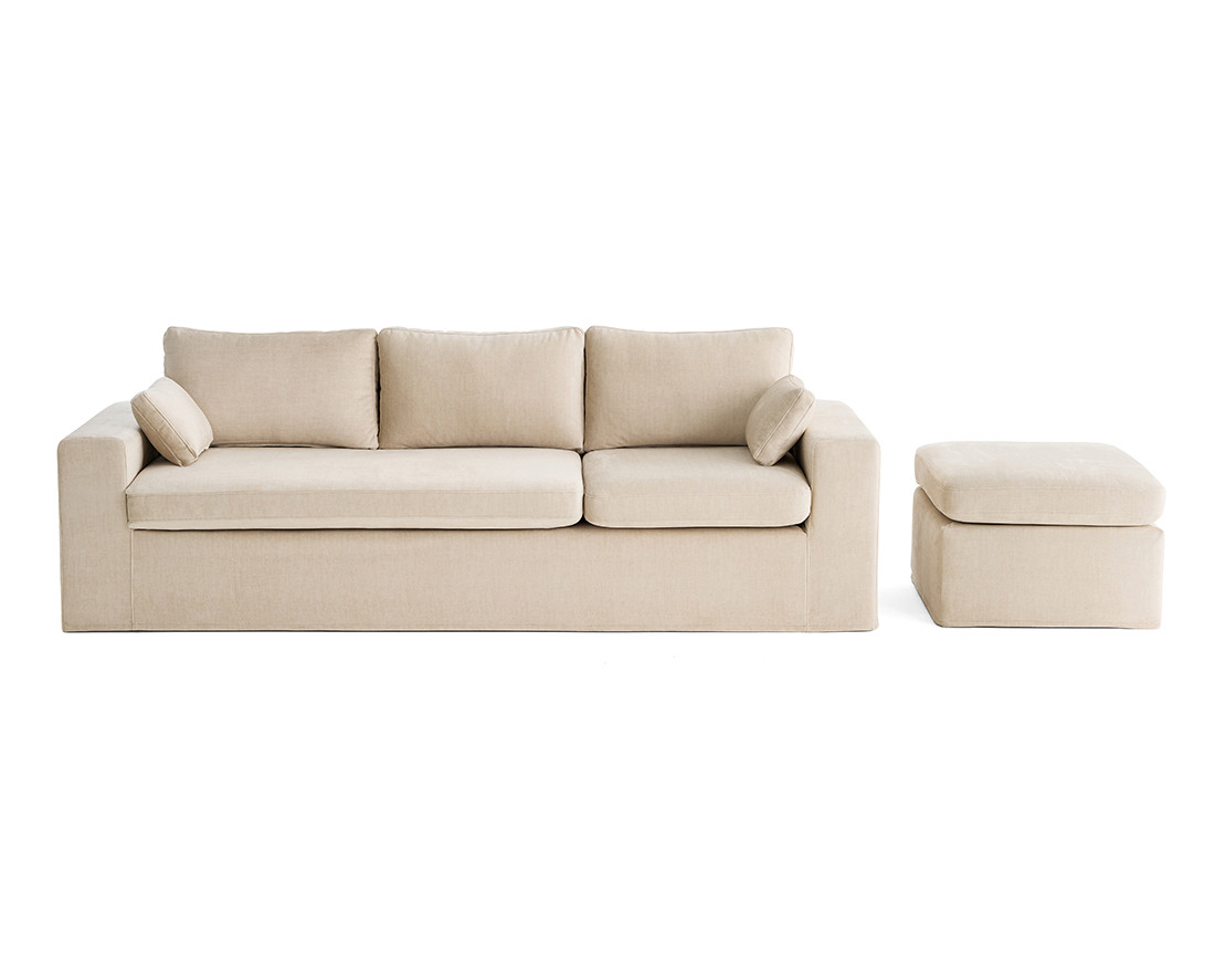 Canapé d'angle déhoussable et modulable 3 places et 1 pouf en velours Calgary