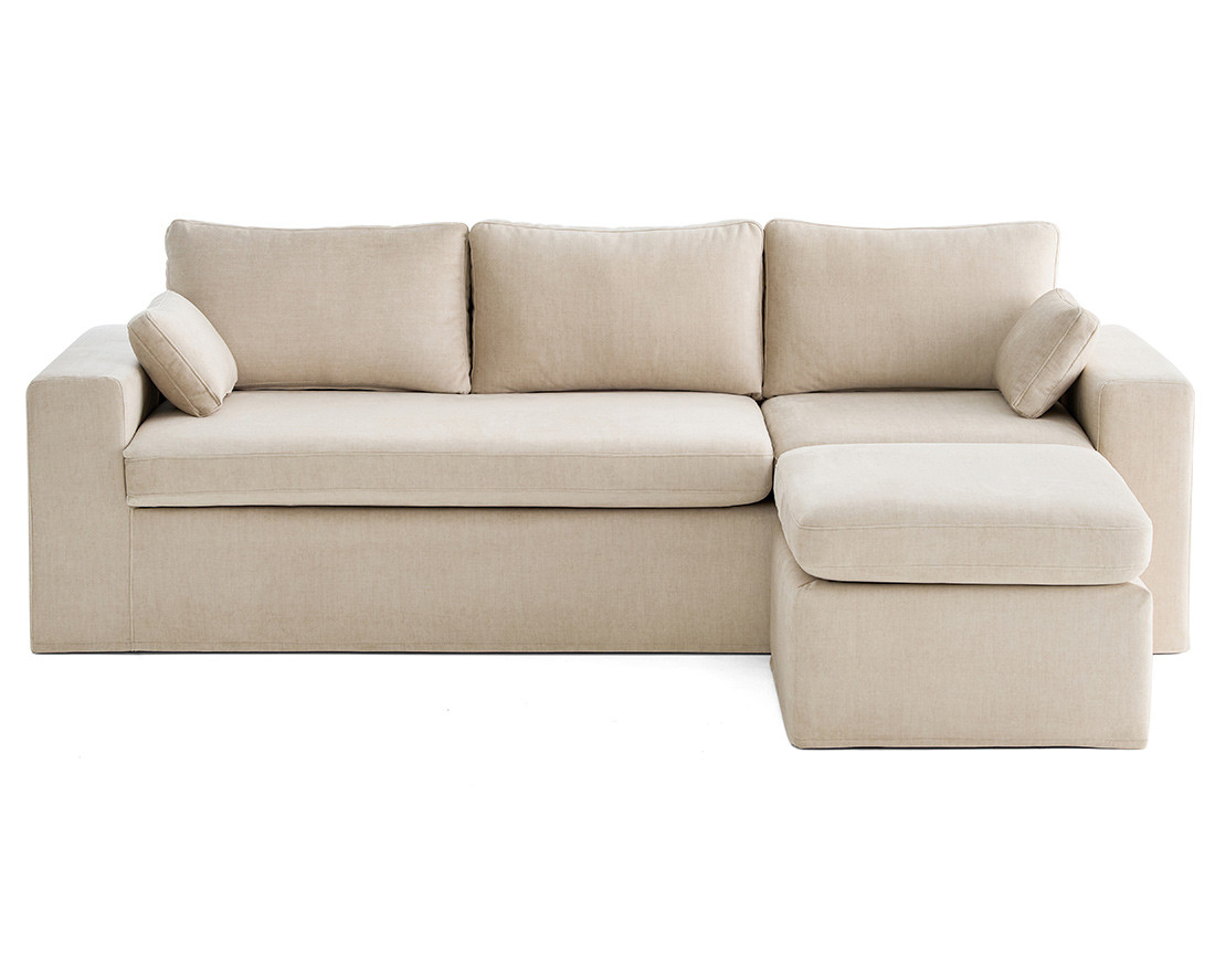 Canapé d'angle déhoussable et modulable 3 places et 1 pouf en velours Calgary