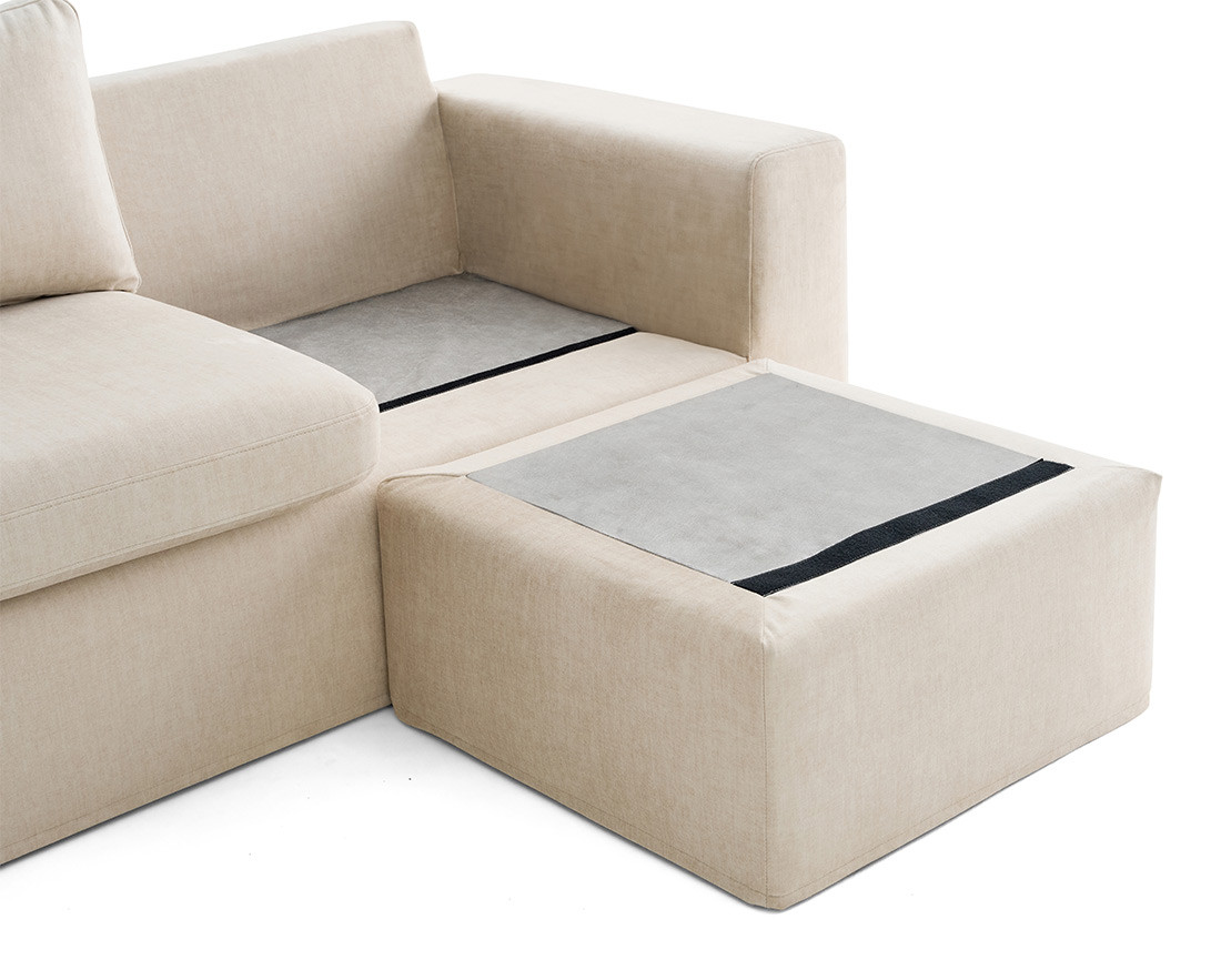 Canapé d'angle déhoussable et modulable 3 places et 1 pouf en velours Calgary