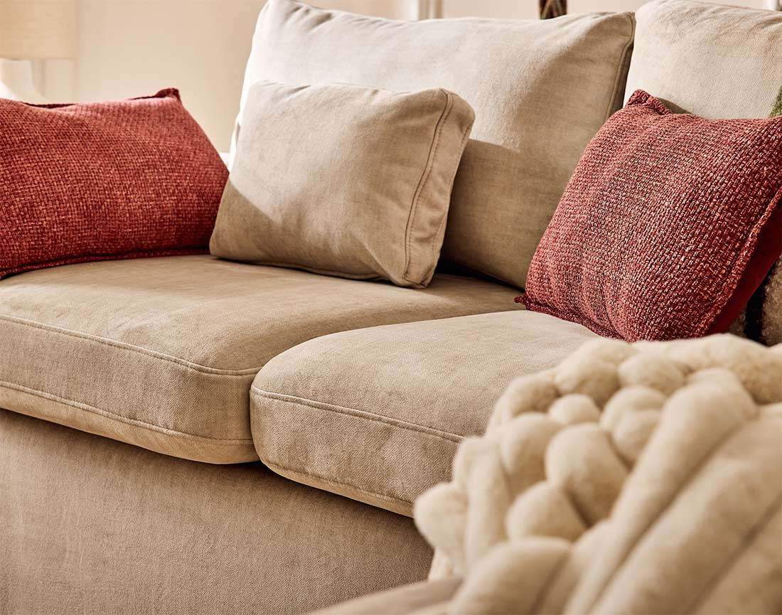 Canapé d'angle déhoussable et modulable 3 places et 1 pouf en velours Calgary