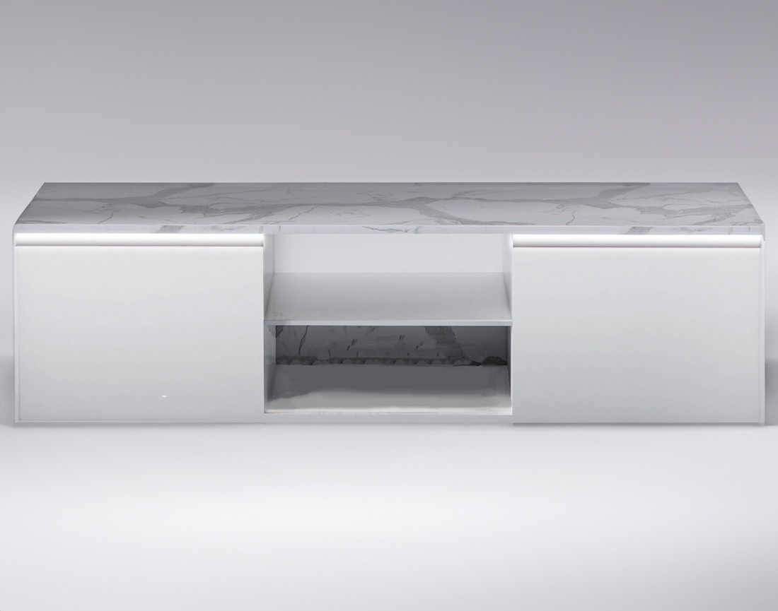 Meuble TV blanc plateau effet marbre 160 cm Amaury