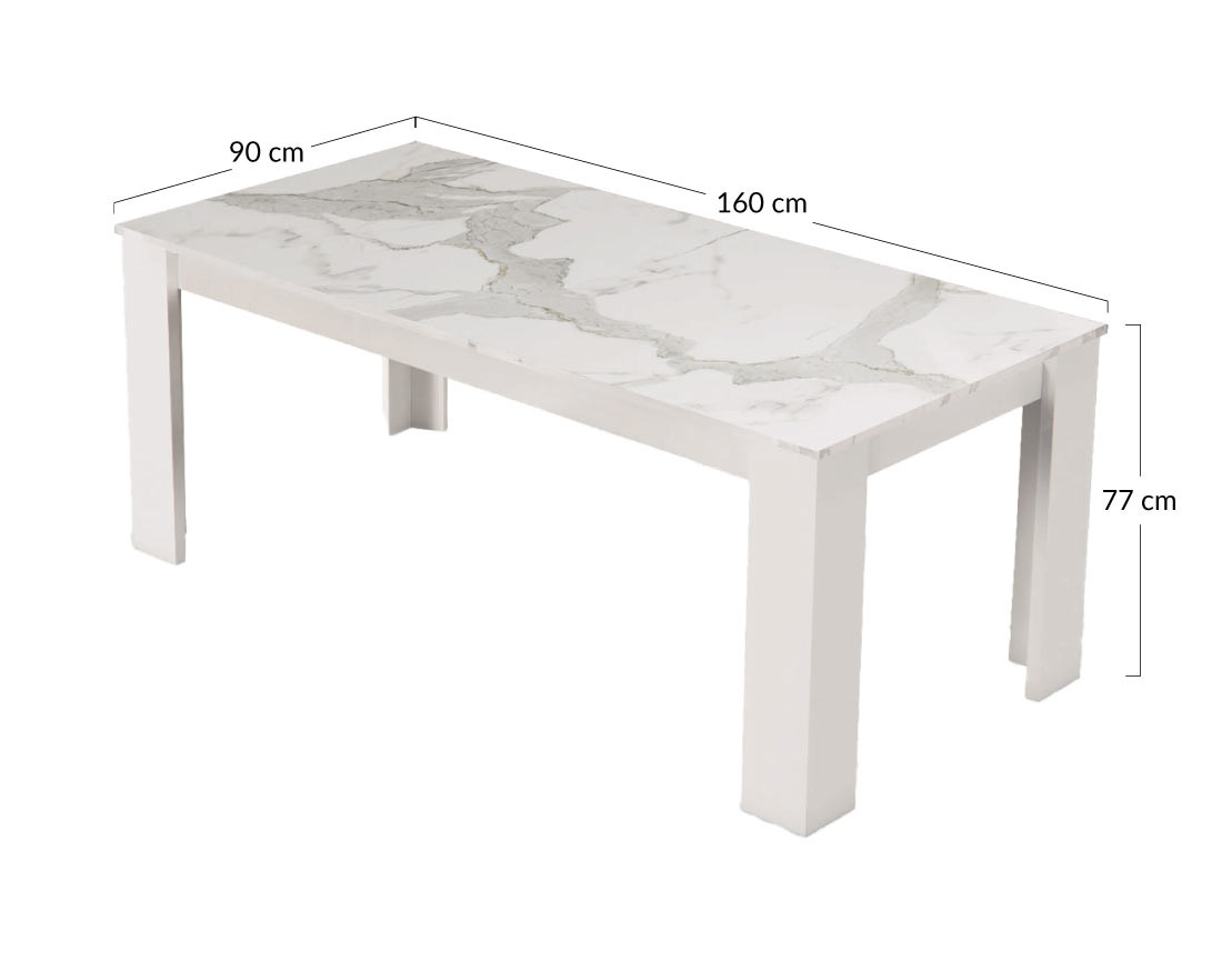 Table à manger blanc plateau effet marbre 4 à 6 personnes Amaury