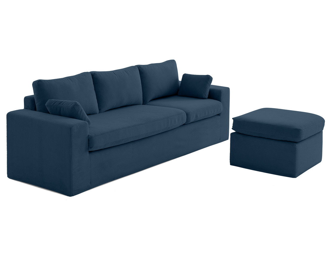 Canapé d'angle déhoussable et modulable 3 places et 1 pouf en velours côtelé Calgary