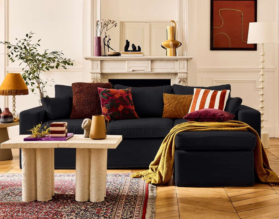 Housses en tissu pour canapé d'angle 3 places et 1 pouf Calgary