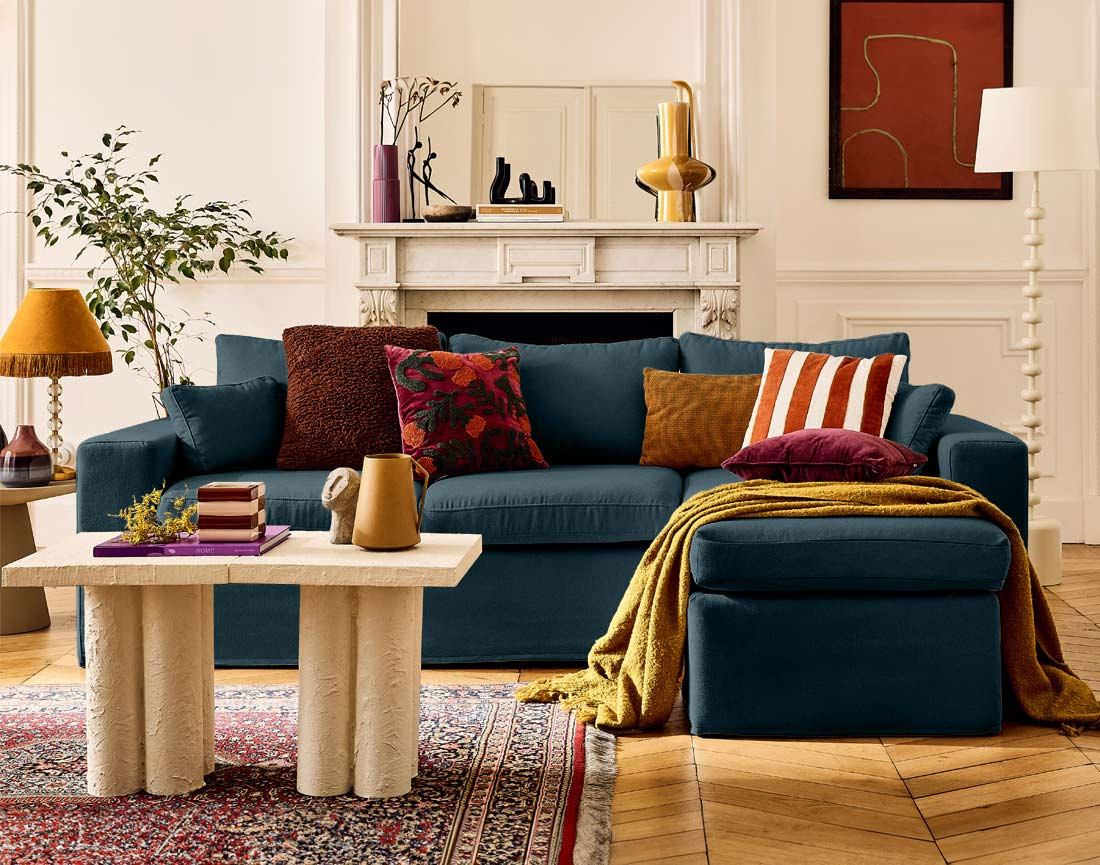 Housses en tissu pour canapé d'angle 3 places et 1 pouf Calgary