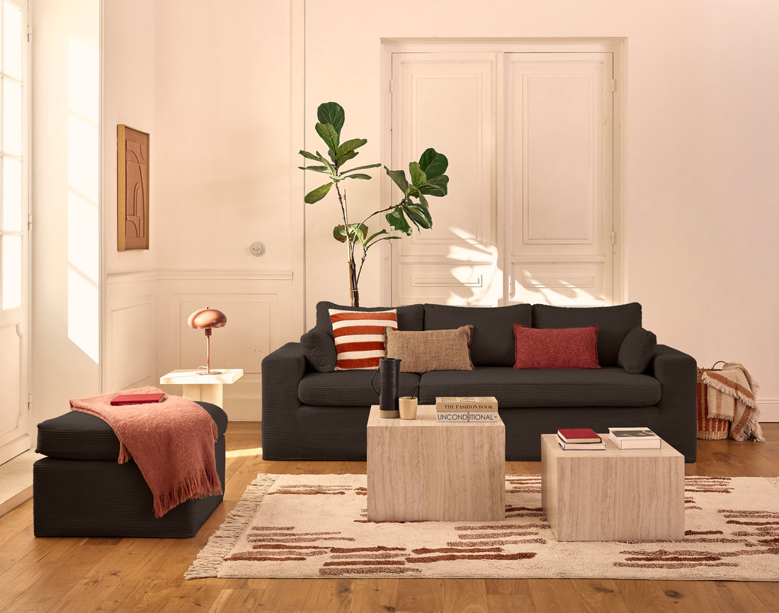 Housse en velours côtelé pour canapé d'angle 3 places et 1 pouf Calgary