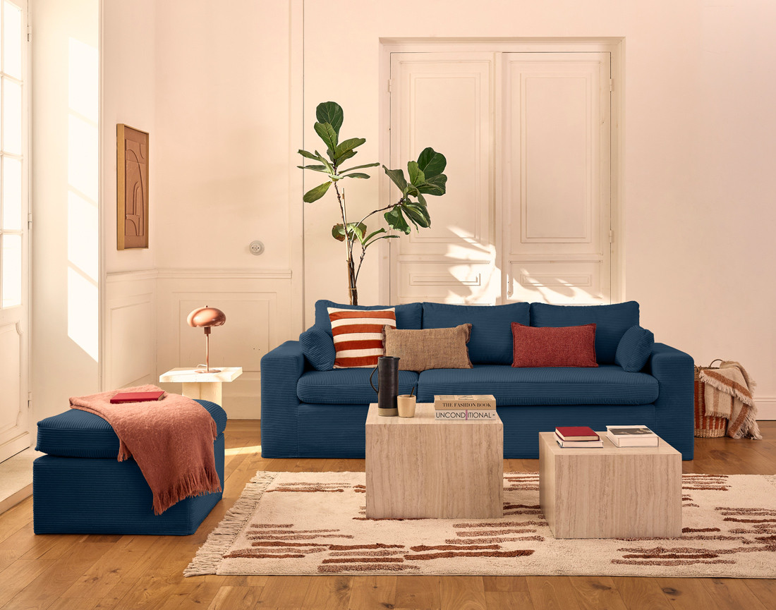 Housse en velours côtelé pour canapé d'angle 3 places et 1 pouf Calgary