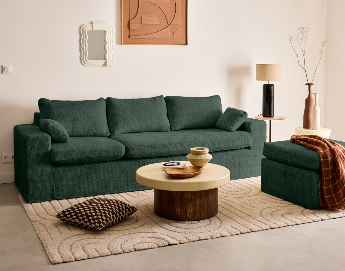 Housses en velours texturé pour canapé d'angle 3 places et 1 pouf Calgary