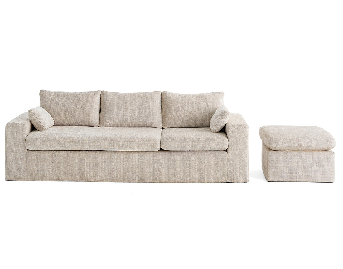 Canapé d'angle déhoussable et modulable 3 places et 1 pouf en velours texturé Calgary